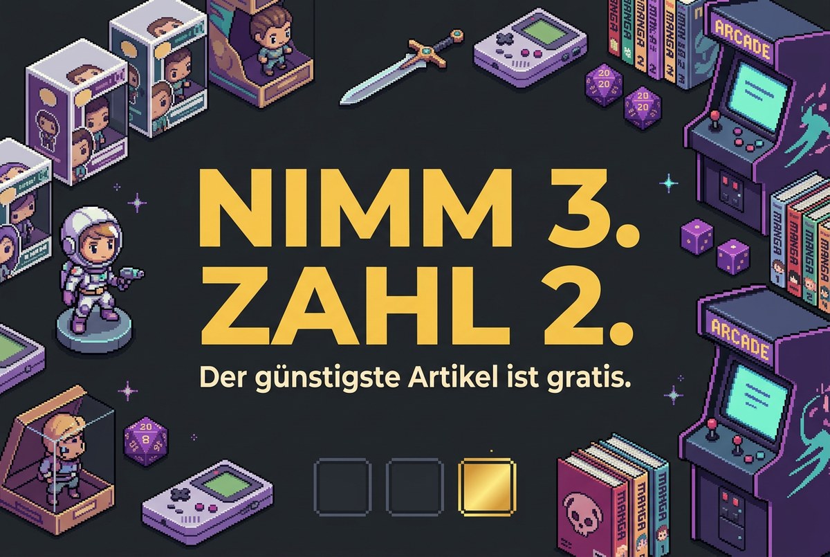 Nerdige Sale-Grafik mit Pixel-Art, Gaming- und Sammler-Motiven